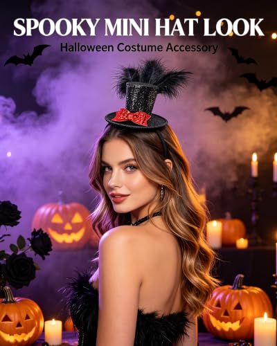 Black Mini Top Hat Headband Fascinator Feather Crazy Hat for Halloween Carnival Christmas Holiday Costume