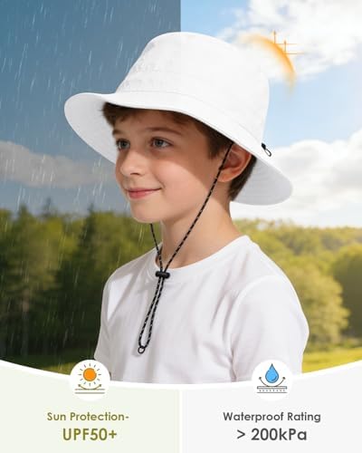 Kids UPF 50+ Waterproof Sun Hat, Packable Wide Brim Bucket Hat - color: White
