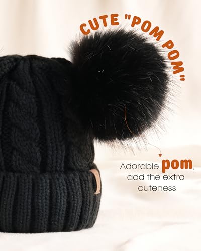 FURTALK Toddler Winter Hat Knit Beanie Double Faux Fur Pompoms Girls Boys - color: Black With Black Pom, size: 6-24 Months