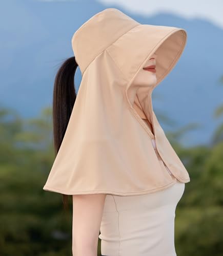 HUAMULAN Women Wide Brim Summer Sun Hat Ponytail Hole with Neck Flap - color: Khaki With Neck Flap