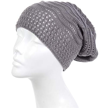 BYOS Women's Airy Cool Lightweight Cutout Long Slouchy Crochet Knit Beanie Hat - color: 2 Pack-wavy Line Charcoal Gray & Bk