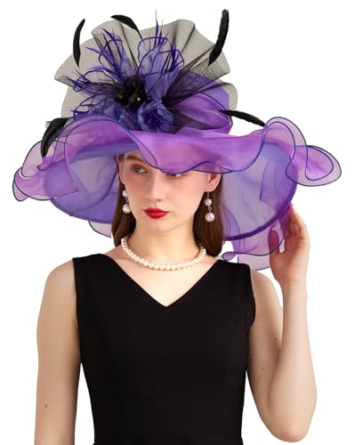 Women Derby Church Hat Organza Flower Wedding Tea Party Fascinator Wide Brim Sun Hat - color: 10-violet