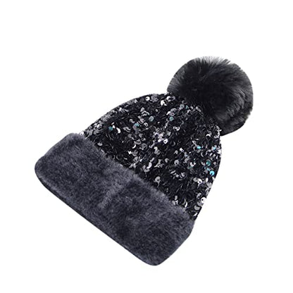 Women Sparkly Sequins Knitted Beanie Hat Warm Winter Skull Cap with Faux Fur Pom Pom - color: Black