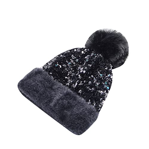 Women Sparkly Sequins Knitted Beanie Hat Warm Winter Skull Cap with Faux Fur Pom Pom - color: Black