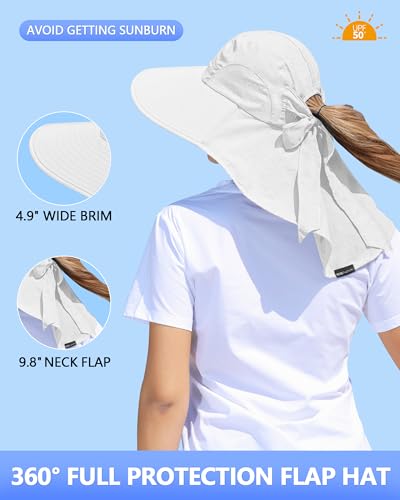 Womens Sun Hat Outdoor UV Protection Wide Brim Fishing Hat with Ponytail Hole Neck Flap for Beach Hiking Camping - color: White
