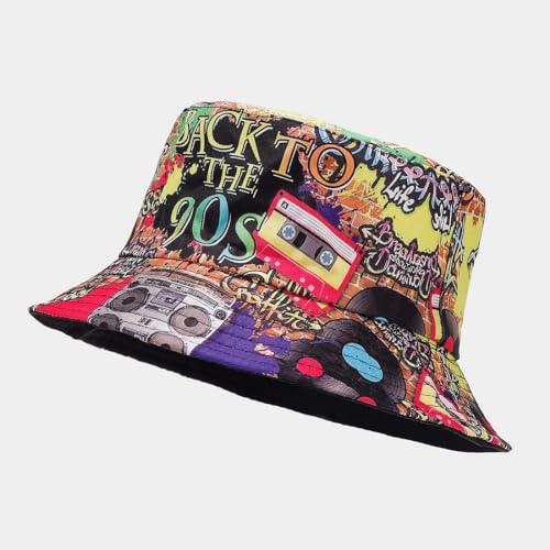 Quanhaigou Bucket Hat for Men Women,Packable Reversible Printed Sun Hats,Fisherman Outdoor Summer Travel Hiking Beach Caps - color: Colorful 90s