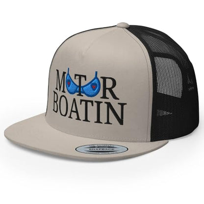 NX Motor Boatin Embroidered Flat Bill Trucker Hat High Crown Snapback Cap - color: Silver/ Black