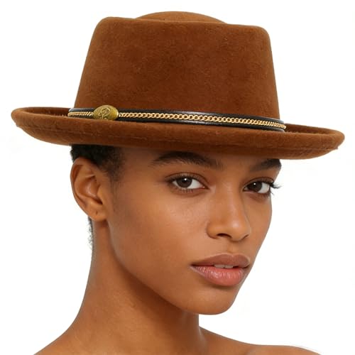 Unisex Felt Fedora with Gold Chain Band Men's Classic Pork Pie Hat Retro Gentleman Style for Daily & Formal Wear - color: Khaki