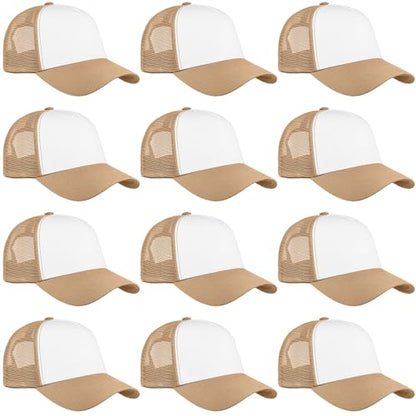 Falari 12 Pack Bulk Wholesale Mesh Trucker Hats 5 Panel and 6 Panel Baseball Caps for Men and Women - color: 5 Panel - Khaki