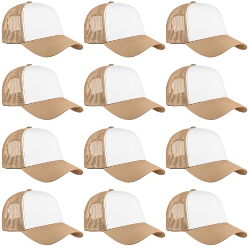 Falari 12 Pack Bulk Wholesale Mesh Trucker Hats 5 Panel and 6 Panel Baseball Caps for Men and Women - color: 5 Panel - Khaki