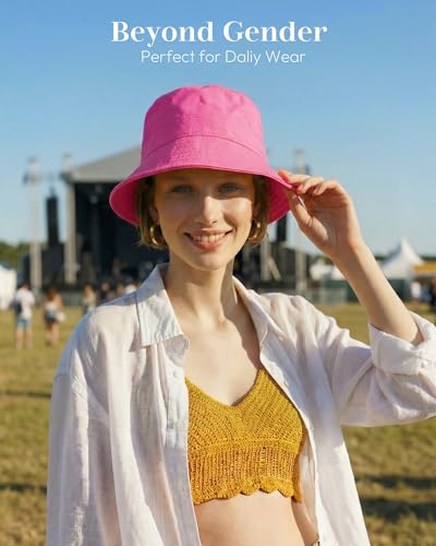HONGTEYA Bucket Sun Hats for Woman Men Cotton Summer Beach Hat Golf Fishing - color: Hot Pink, size: Medium