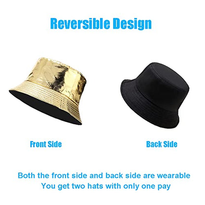 Reversible PU Leather Bucket Hats for Women Solid Color Double Wear Summer Hat Unisex - color: Gold