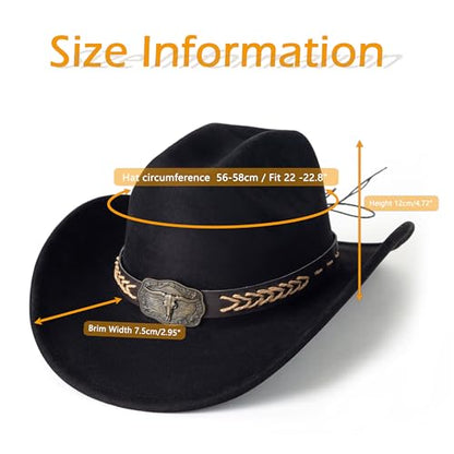 Western Cowboy Hat for Women Men Retro Suede Hat - color: Black-square Bull Buckle