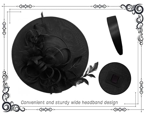 dressfan Fascinator Hats for Women,Linen Vintage Feather Headwear for Derby/Church/Wedding/Cocktail/Tea Party - color: Black