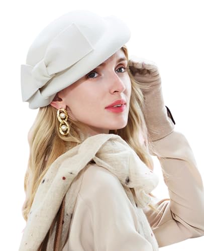 Z&X British Vintage Wool Felt Pillbox Hat Ladies Church Derby Winter Fascinator Hat Veil Flower Fedoras - color: 013b Ivory White