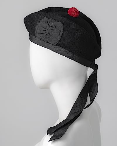 Glengarry Cap-Traditional Scottish Hat,100% Wool, Acrylic Wool Tartan,Kilts/Bagpipes Accessories,Polyester Cotton Ribbon - color: Plain Black Wool, size: 7 1/4