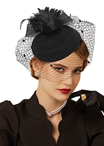 Fascinator Hats for Women 20s 50s Vintage Pillbox Hat Kentucky Derby Fascinators Flower Veil Wedding Tea Party Hat - color: 1-a-black1 Set