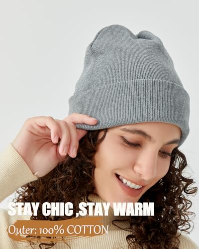 Satin Lined Knit Beanie Hat-100% Cotton Winter Hats for Women Men - color: 1-light Heather Grey