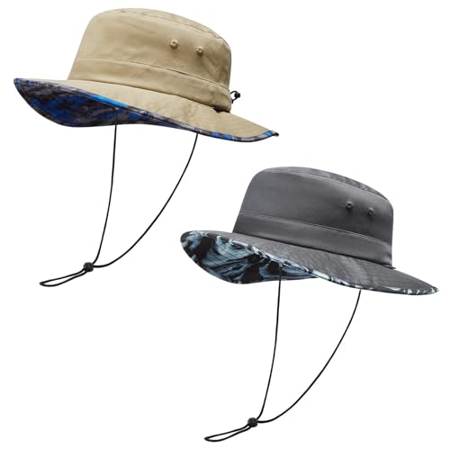 UPF 50+ Foldable Sun Hat Patterned Under Brim Bucket Hats for Summer Hiking Fishing Beach Safari Men Women - color: Khaki & Dark Grey, size: Medium