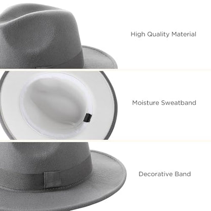 BABEYOND 1920s Fedora Hat for Men Gatsby Wide Brim Hat Felt Panama Cap - color: Wh/Gray-gr