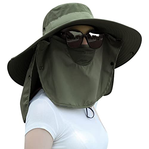 Women Wide Brim Face Mask Sun Hat Detachable Neck Face Flap Ponytail UV Protection Visor Hat Garden Fishing Hiking - color: Hyp008-armygreen