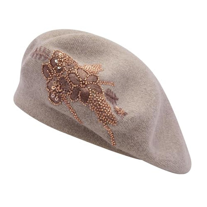ZLYC Women French Beret Hat Reversible Knit Thickened Warm Artist Cap - color: Embroidered Flower Coffee