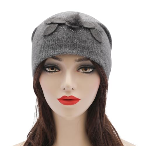 ZLYC Women Floral Slouchy Beanie Hat Double Layer Winter Knit Skull Cap - color: Small Pom Flowers Gray