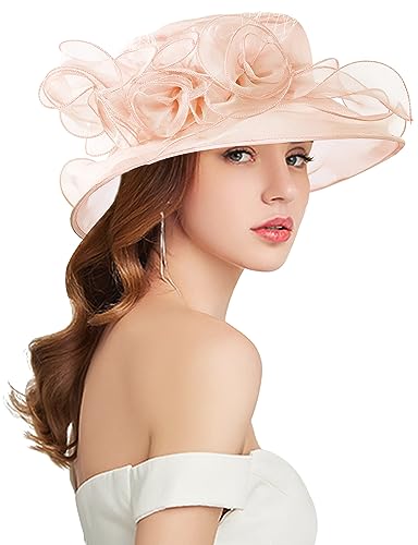 Women Derby Fascinator Hat Organza Church Wedding Hats Wide Brim Cocktail Tea Party Hat - color: 12 Light Pink