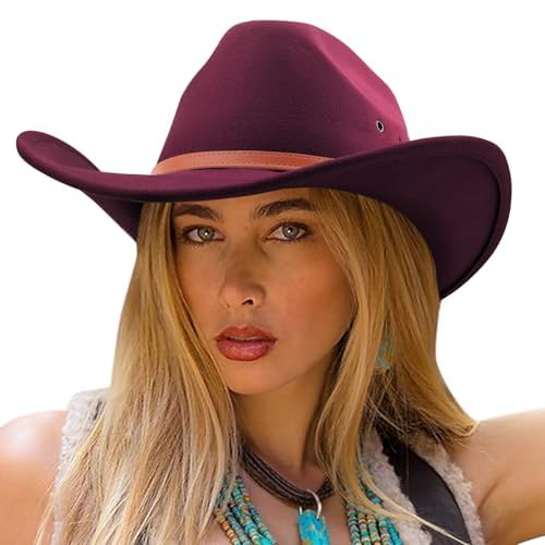 DRESHOW Cowboy Hat for Women and Men Western Felt Cowboy Cowgirl Hat Wide Brim Belt Buckle Retro Fedora Hats Unisex Caps - color: 1 Pack Style 5: Burgundy, size: Large
