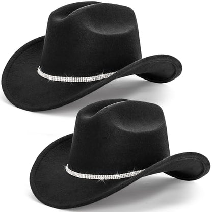 Dicunoy 2 Pack Black Cowboy Hats, Glitter Western Hats for Women, Bling Wide Brim Cowboy Hat with Shiny Rhinestones Band for Halloween, Parties, Costumes, Fishing, Camping, DIY, Dress-Up, Adults
