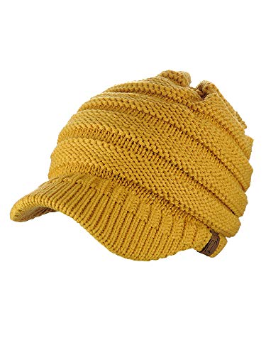 C.C Warm & Thick Cable Knitted Brim Visor Beanie Cap - color: Mustard