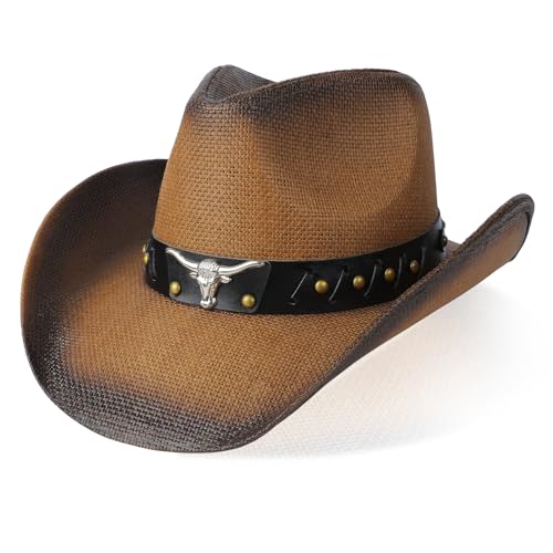 WQWOVRVO Cowboy Hat,Cowgirl Hat,Western Cowboy Hats for Women/Mens/Straw Wide with Shapeable Brim Cowboy Hat for Womens - color: Dark Coffee Color