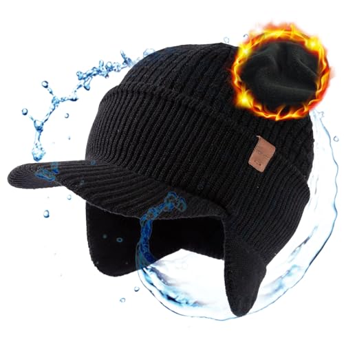 TOP-EX DryKnit™ 50% Merino Wool Waterproof Warm Brim Beanie with Ear Flaps - color: Black (Waterproof), size: Small-Medium