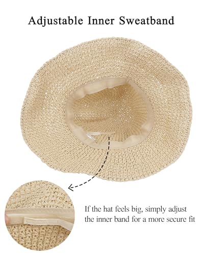 Womens Crochet Straw Sun Hat Foldable Floppy Wide Brim Beach Hat for Summer - color: Beige