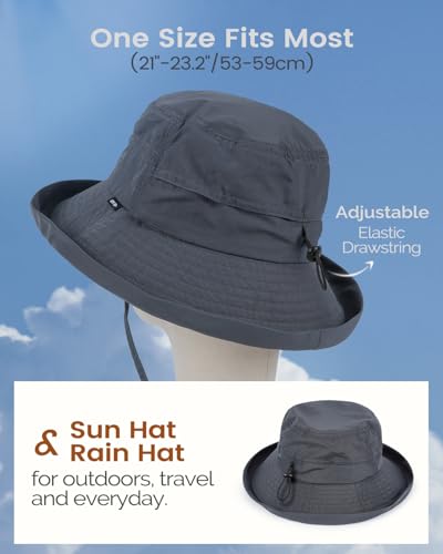 Bucket Sun Hat for Women, UPF 50+ Wide Brim, Packable, Waterproof Rain Hat for Hiking Outdoor Travel - color: Dark Grey