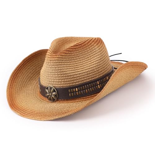 AQOKKA Straw Cowboy Hats for Women Men Western Cowgirl Hats with Shapeable Brim Woven Hollow Out Unisex Beach Roll Up Caps - color: Spray-painted Cowboy Hats : Khaki+khaki