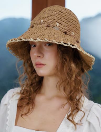 Women Straw Sun Hat Summer Beach Hats Foldable Floppy Cap Wide Brim Bucket Hat Solid Handmade Sun Protection Caps - color: Dot-khaki