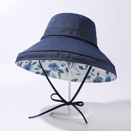 HUAMULAN Women Wide Brim Reversible Sun Hat Summer Beach Fishing Bucket - color: Navy Floral