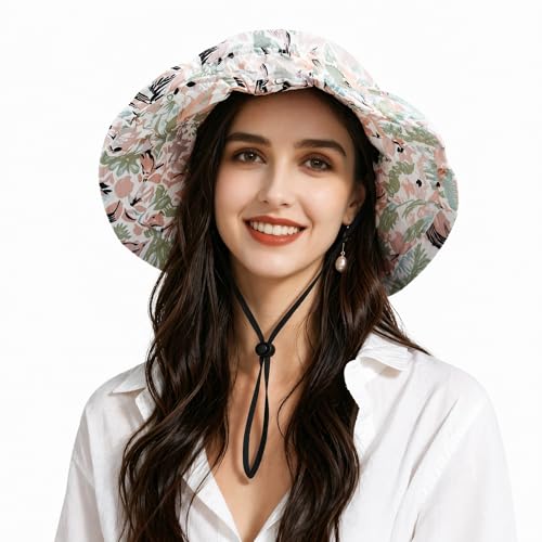 Womens Foldable Shapeable Brim Sun Hat UPF 50+ Cotton Wide Brim Beach Adjustable Chin Strap Hat Sun Protection Cap - color: Z5-beige