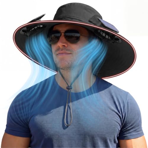 Zaximap Solar Fan Hat with Steel Brim for Men Women UPF 50+ Garden Outdoor Fishing Beach Essential - color: Black