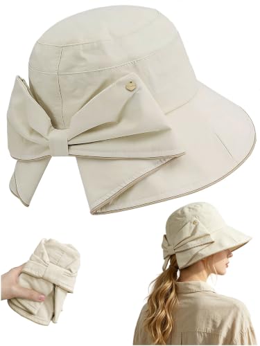 Women's Foldable Wide Brim Bowknot Bucket Hat Sun Protective - color: Off-white