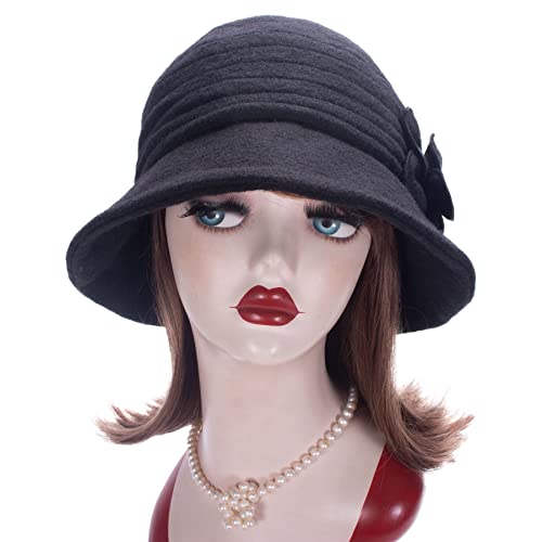 Lawliet Womens 1920s Winter Wool Cap Beret Beanie Cloche Bucket Hat A299 - color: Black