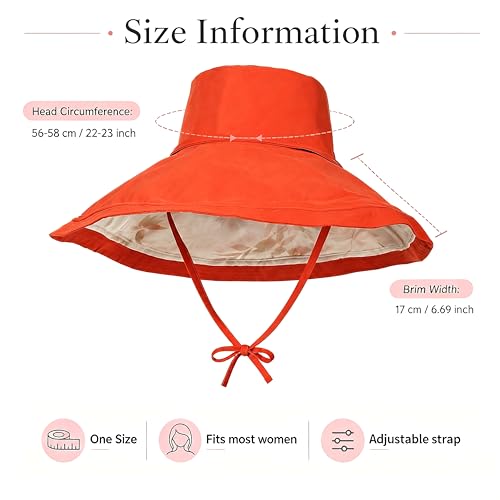 Wide Brim Sun Hat for Women Reversible Beach Bucket Summer Hats Ponytail - color: Orange-red