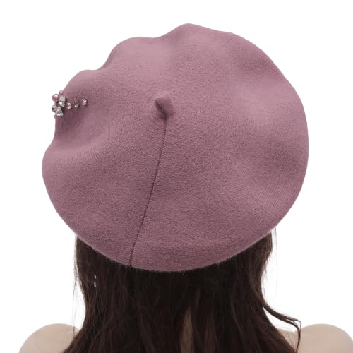 ZLYC Women French Beret Hat Winter Knitted Stretchable Beret Artist Cap - color: Rhinestone Lavender