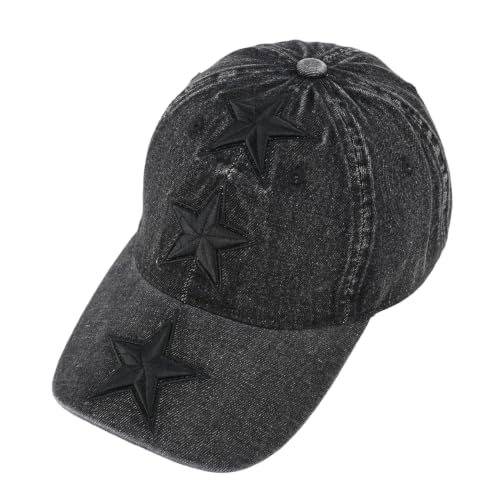 Unisex 3D Star Embroidered Washed Denim Baseball Cap Vintage Men Dad Hat - color: Black