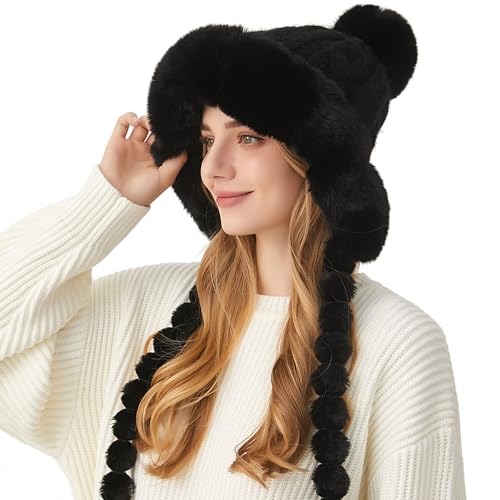 HUAMULAN Women Winter Sherpa Beanie Hats Knit Ear Flaps Fleece Lined - color: Black With Braids