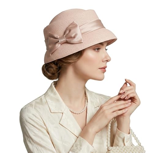 Women’s Vintage Straw Cloche Church Hat with Satin Bow | Elegant Bowler Bucket Hat for Tea Party Wedding Garden Formal Events - color: Pink