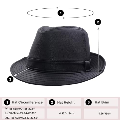 Vintage Cowhide Jazz Hats Classic Leather Fedora Hat - color: Black, size: Large
