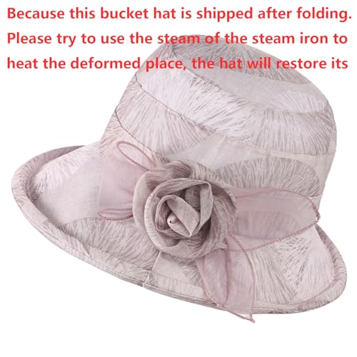 Women Flower Bowler Sun Hat Wide Brim Cloche Bucket Hat Foldable Breathable Wedding Church Tea Party Fascinator - color: Pink