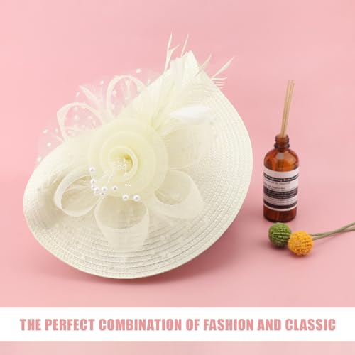DRESHOW Fascinators Hat Flower Mesh Feathers Hat with a Headband and a Clip 7.9" Tea Party Headwear for Women - color: Folded Style 2: Beige / 7.9"